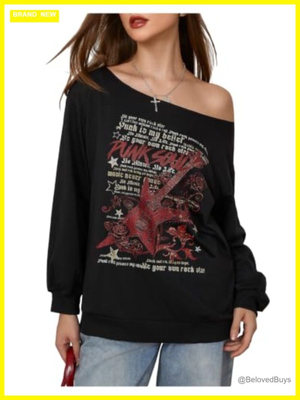 Off Shoulder Oversized Guitar Graphic Sweatshirt Y2K Pullover